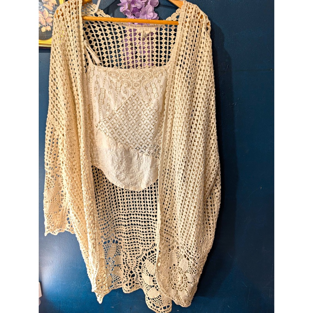 +FESTI+ Boho Crochet Cardigan & Lace Patchwork Crop Top Set Ivory Cream Size 0